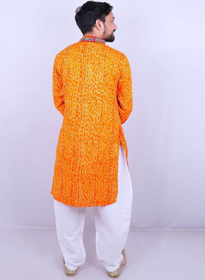 Bandhani printed mirror work mandarin collar kurta with salwar