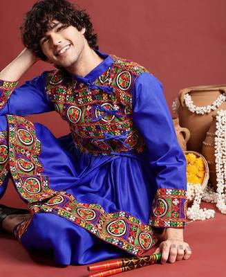 Men ethnic motifs embroidered pleated mirror work kurta with dhoti pants - free size 1