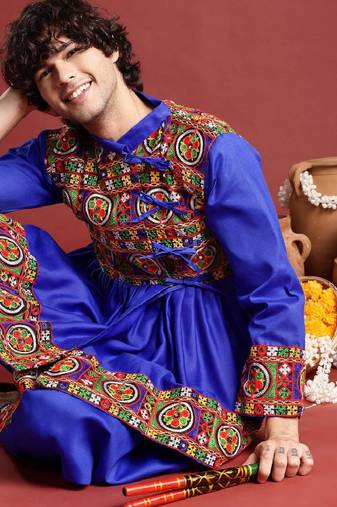 Men ethnic motifs embroidered pleated mirror work kurta with dhoti pants - free size