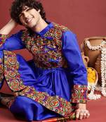 Men ethnic motifs embroidered pleated mirror work kurta with dhoti pants - free size