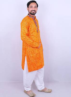 Bandhani printed mirror work mandarin collar kurta with salwar 4