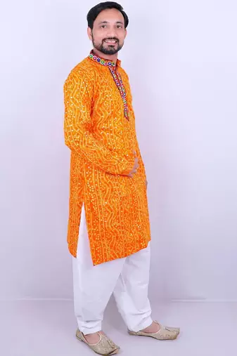 Bandhani printed mirror work mandarin collar kurta with salwar