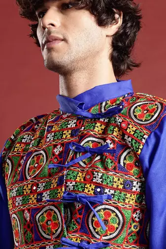 Men ethnic motifs embroidered pleated mirror work kurta with dhoti pants - free size