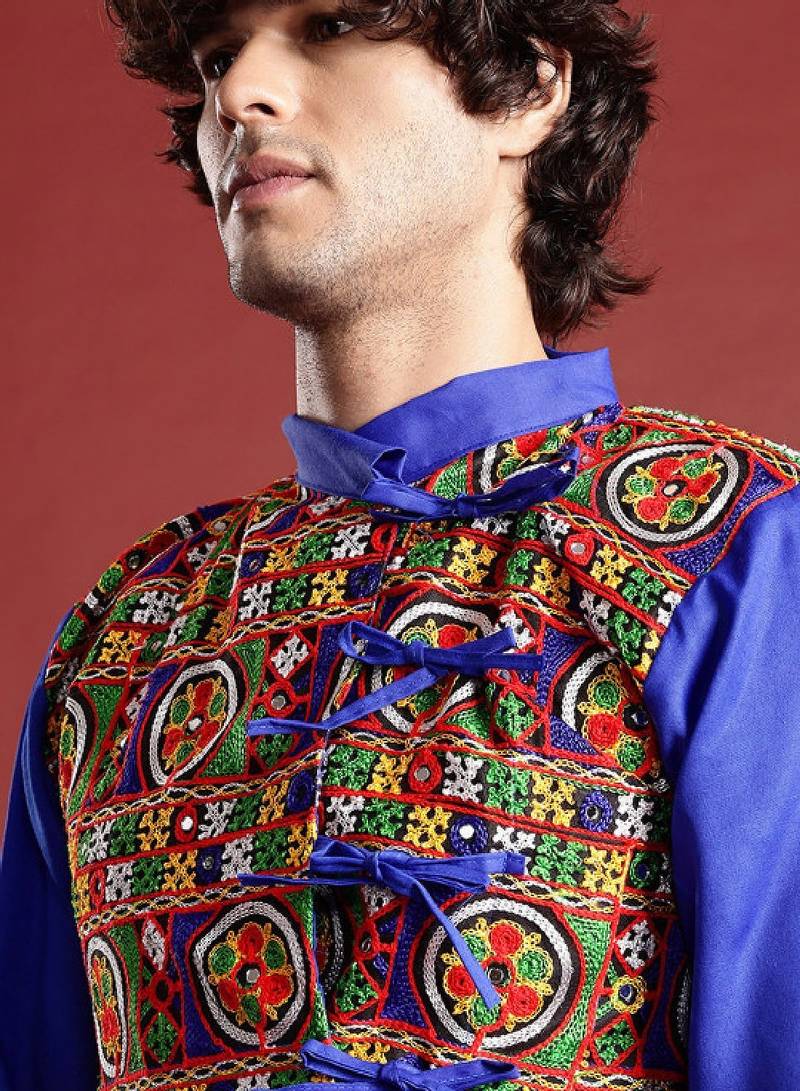 Men ethnic motifs embroidered pleated mirror work kurta with dhoti pants - free size