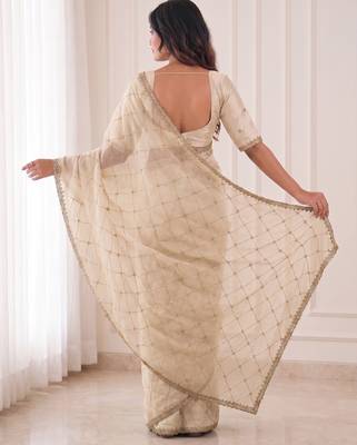 catching off-white embroidery work with real bits work fendy satin indian saree 5