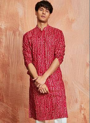 Bandhani printed mandarin collar straight kurta 1