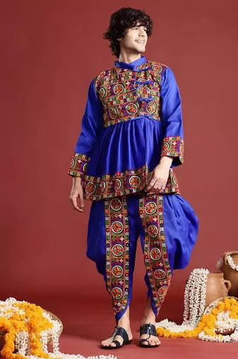 Men ethnic motifs embroidered pleated mirror work kurta with dhoti pants - free size