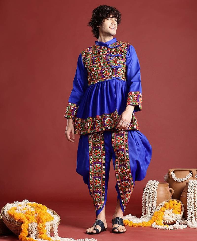 Men ethnic motifs embroidered pleated mirror work kurta with dhoti pants - free size
