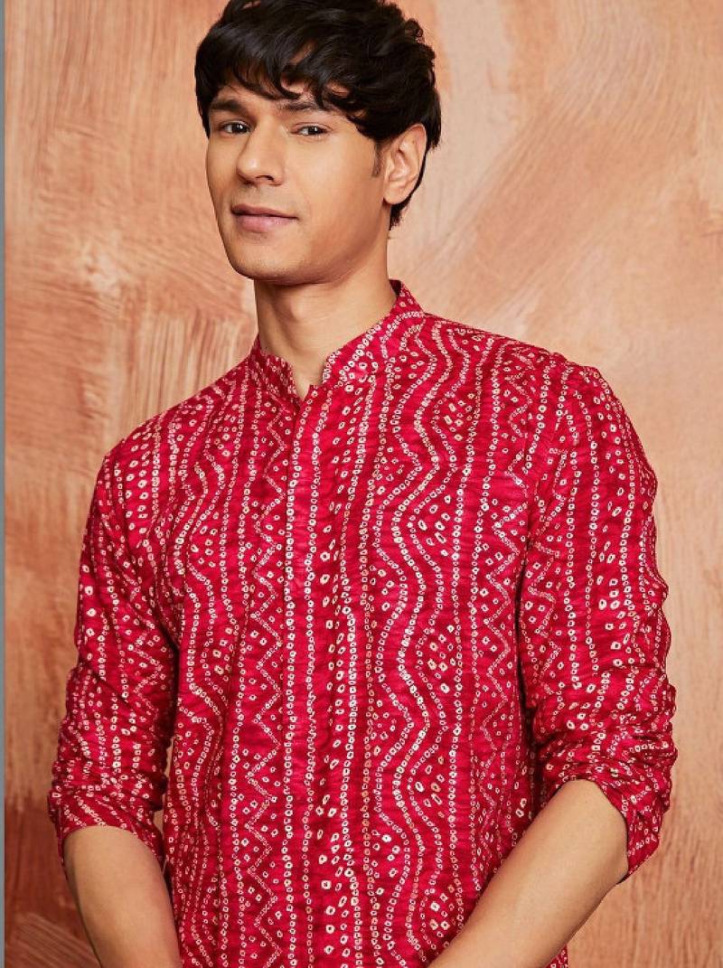 Bandhani printed mandarin collar straight kurta