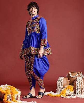 Men ethnic motifs embroidered pleated mirror work kurta with dhoti pants - free size 4