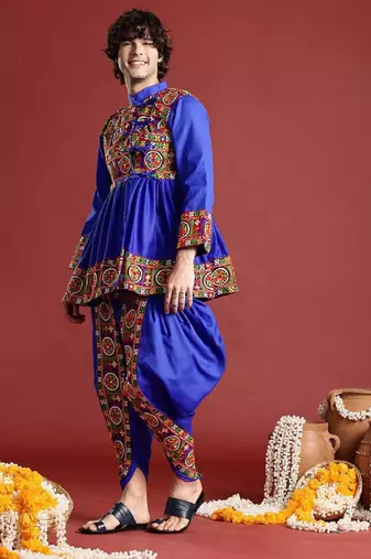Men ethnic motifs embroidered pleated mirror work kurta with dhoti pants - free size