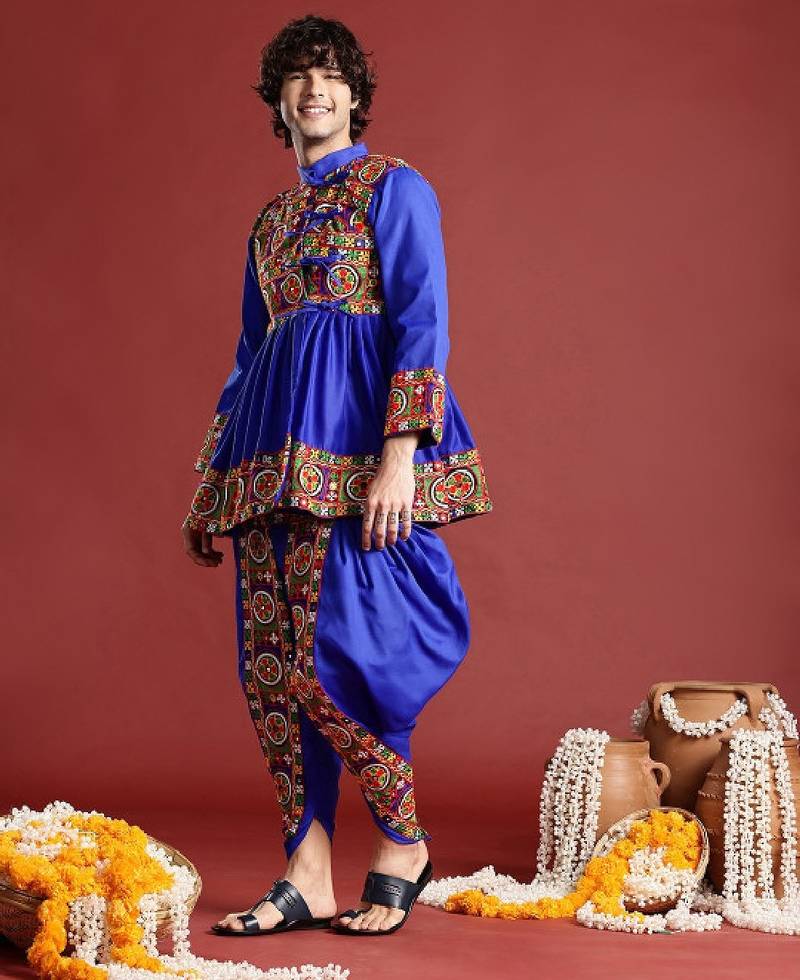 Men ethnic motifs embroidered pleated mirror work kurta with dhoti pants - free size