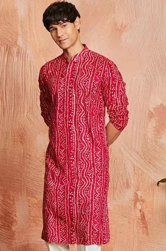 Bandhani printed mandarin collar straight kurta