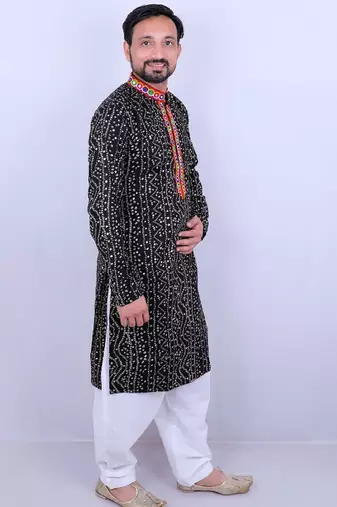 Men ethnic motifs embroidered regular mirror work kurta with pyjamas