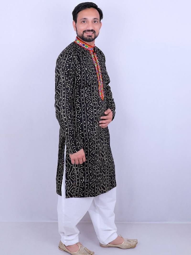 Men ethnic motifs embroidered regular mirror work kurta with pyjamas