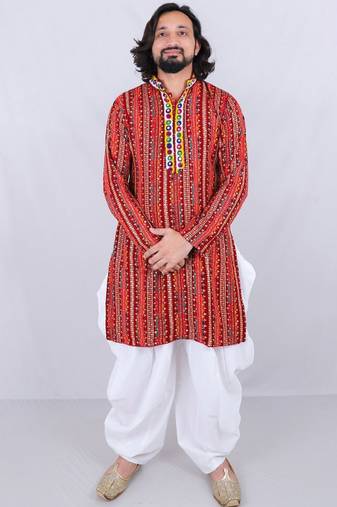 Ethnic motifs printed mirror work mandarin collar kurta with dhoti pants