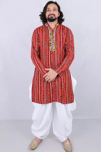 Ethnic motifs printed mirror work mandarin collar kurta with dhoti pants