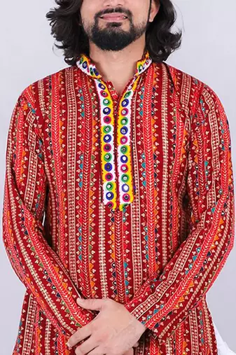 Ethnic motifs printed mirror work mandarin collar kurta with dhoti pants