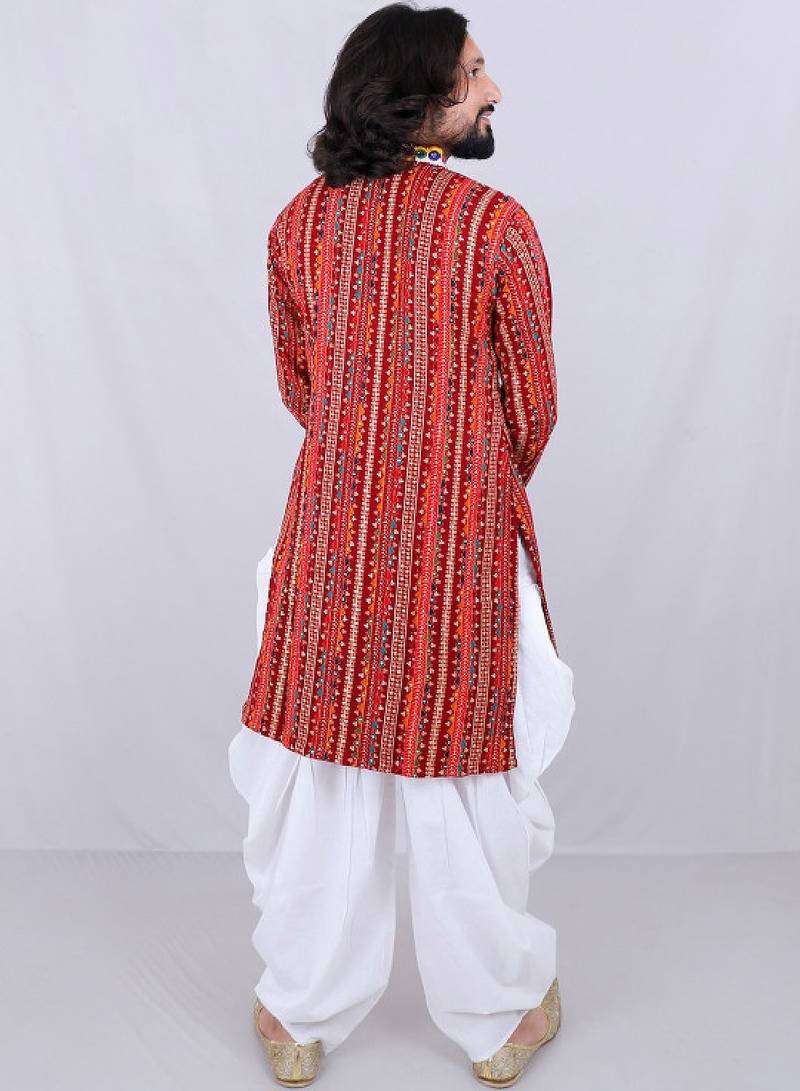 Ethnic motifs printed mirror work mandarin collar kurta with dhoti pants