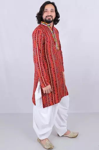 Ethnic motifs printed mirror work mandarin collar kurta with dhoti pants
