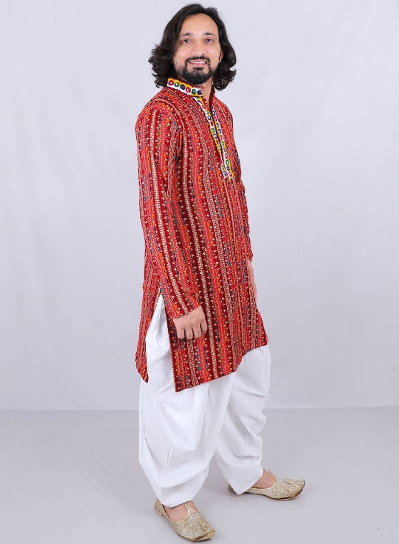 Ethnic motifs printed mirror work mandarin collar kurta with dhoti pants