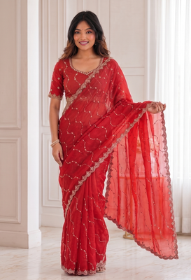 delightful red embroidery work with real bits work fendy satin indian designer wedding saree 1