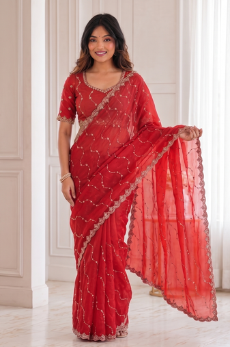 delightful red embroidery work with real bits work fendy satin indian designer wedding saree