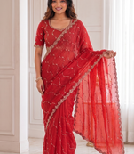 delightful red embroidery work with real bits work fendy satin indian designer wedding saree