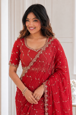 delightful red embroidery work with real bits work fendy satin indian designer wedding saree 2