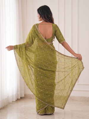 enchanting mahendi embroidery work with real bits work fendy satin indian saree with blouse 5