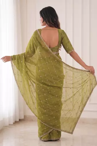 enchanting mahendi embroidery work with real bits work fendy satin indian saree with blouse