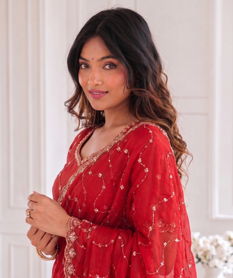 delightful red embroidery work with real bits work fendy satin indian designer wedding saree 3