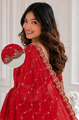 delightful red embroidery work with real bits work fendy satin indian designer wedding saree 4