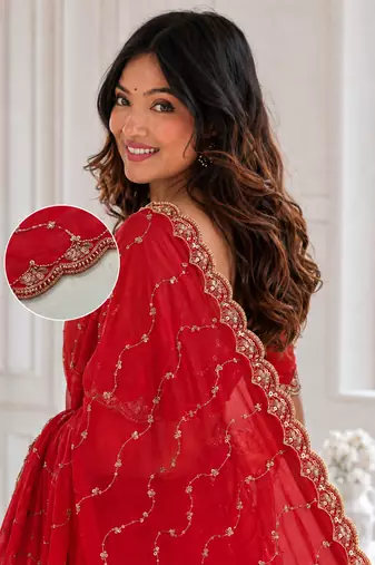 delightful red embroidery work with real bits work fendy satin indian designer wedding saree