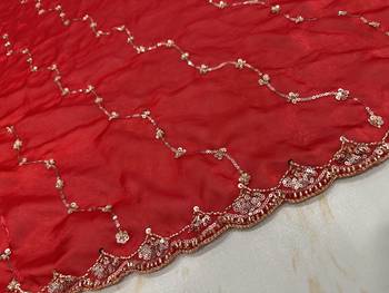 delightful red embroidery work with real bits work fendy satin indian designer wedding saree 5