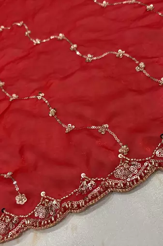 delightful red embroidery work with real bits work fendy satin indian designer wedding saree