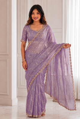 bewitching purple embroidery work with real bits work fendy satin indian saree with blouse 1
