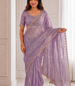 bewitching purple embroidery work with real bits work fendy satin indian saree with blouse
