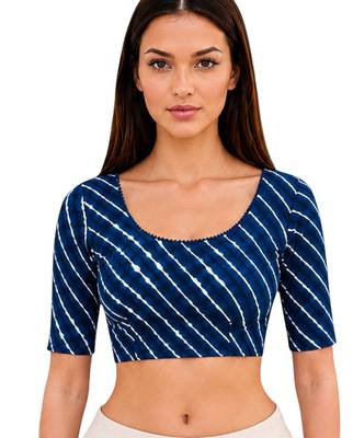 Blue spandex lehria printed stretchable readymade saree blouse 1