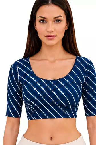 Blue spandex lehria printed stretchable readymade saree blouse