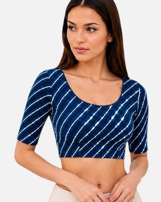 Blue spandex lehria printed stretchable readymade saree blouse 3