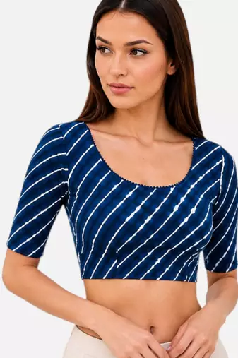 Blue spandex lehria printed stretchable readymade saree blouse