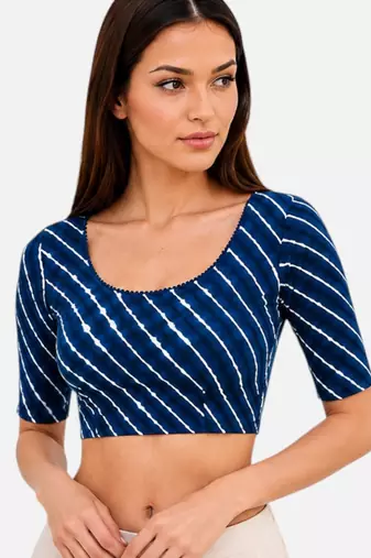 Blue spandex lehria printed stretchable readymade saree blouse