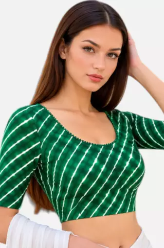 Green spandex lehria printed stretchable readymade saree blouse