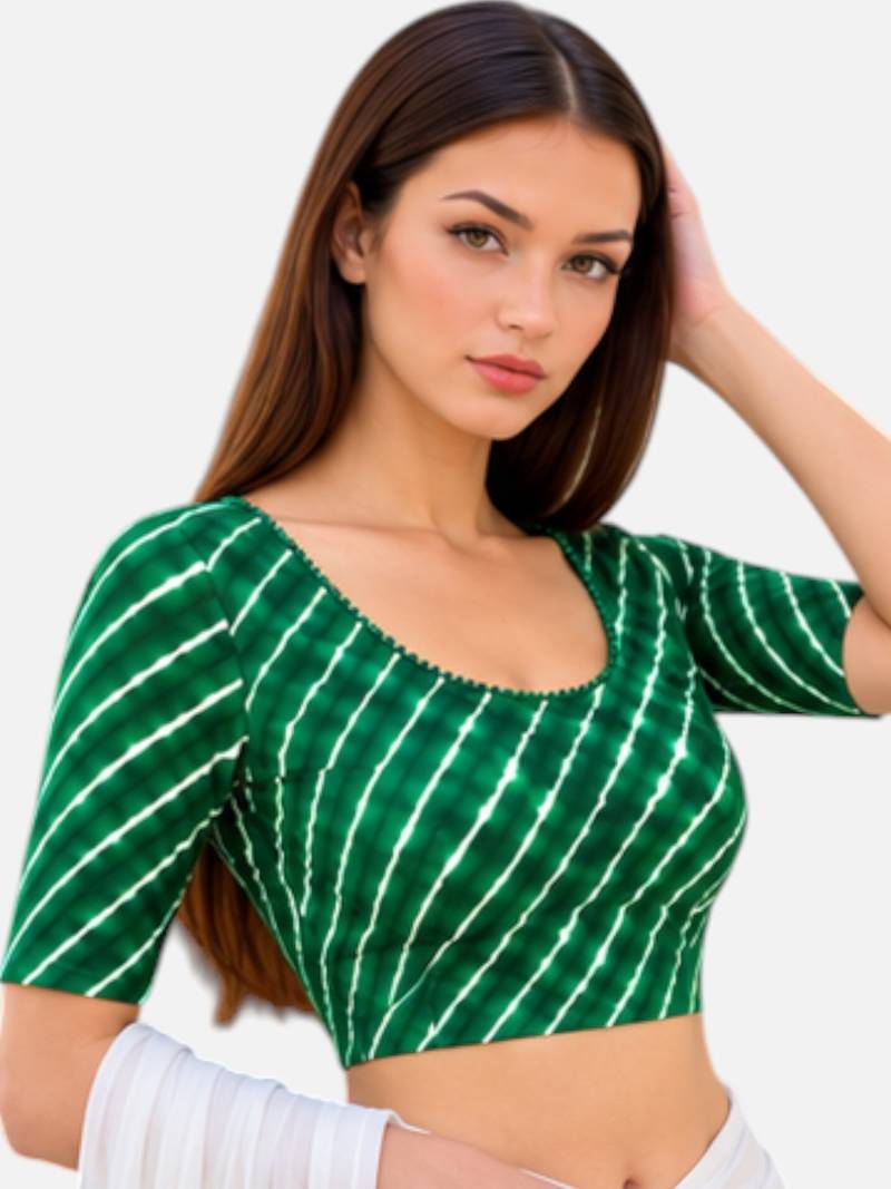 Green spandex lehria printed stretchable readymade saree blouse