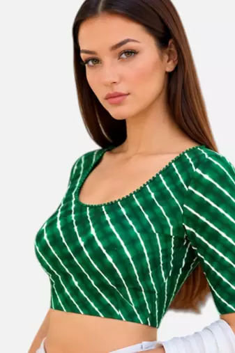 Green spandex lehria printed stretchable readymade saree blouse