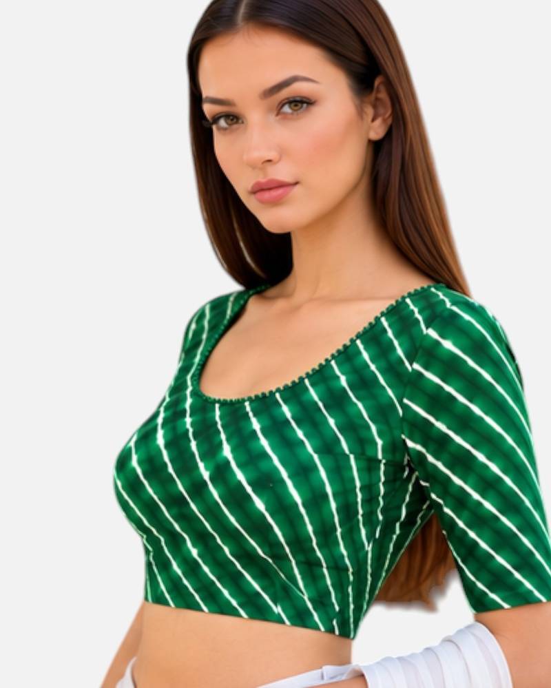 Green spandex lehria printed stretchable readymade saree blouse
