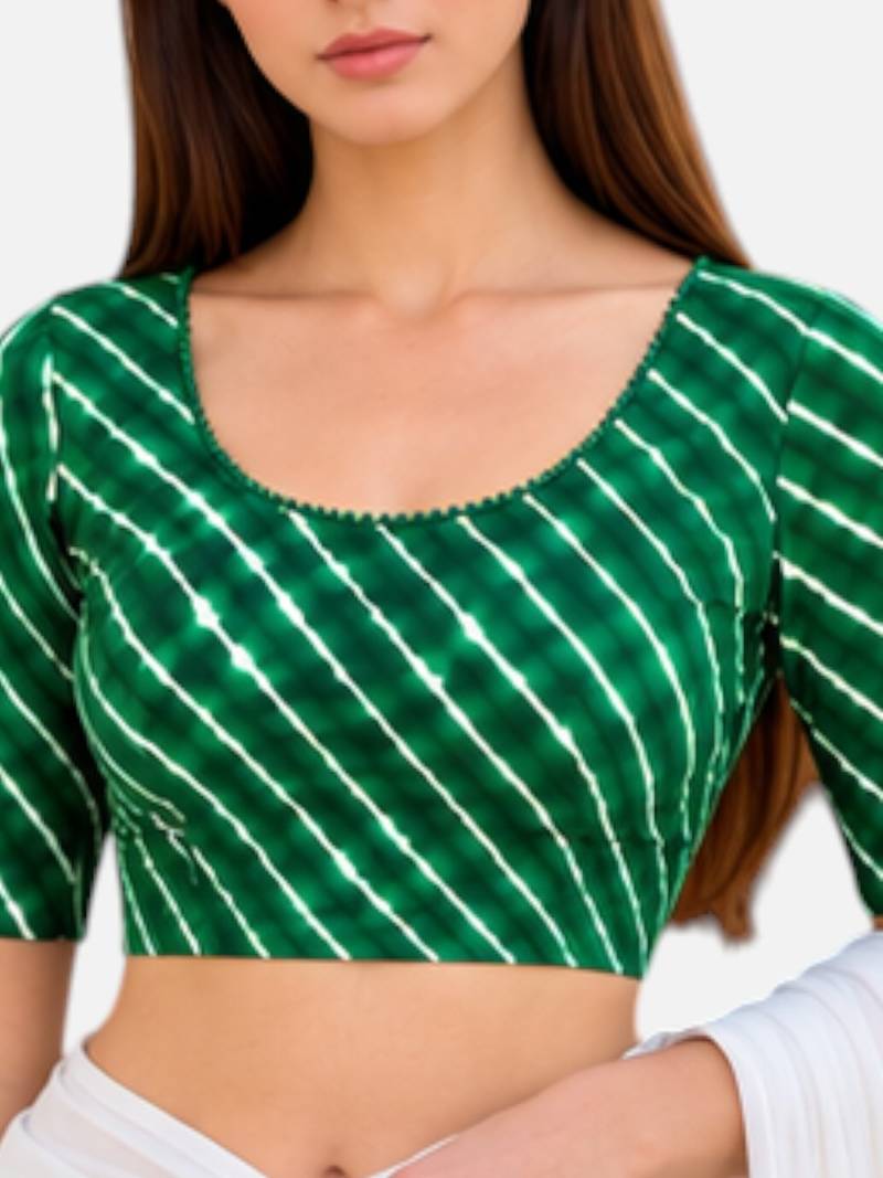 Green spandex lehria printed stretchable readymade saree blouse