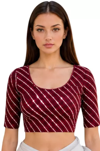Maroon spandex lehria printed stretchable readymade saree blouse