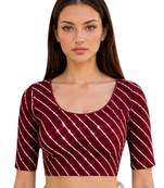 Maroon spandex lehria printed stretchable readymade saree blouse
